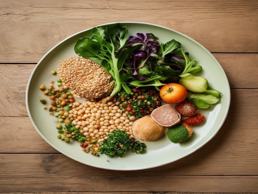 Färgrik tallrik med grönsaker, protein och gryn på träbord